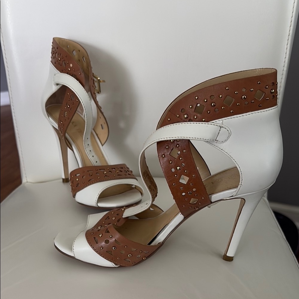 Ivanka Trump White and Tan Cutout Stud High Heel Sandals